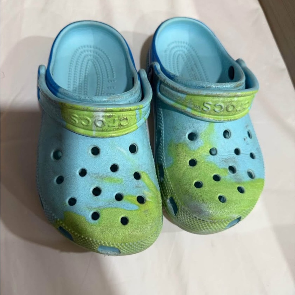 Kids Blue and Green crocs size J1